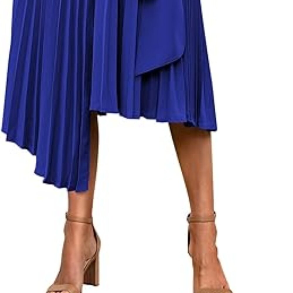 NWOT PRETTYGARDEN High Waisted Tie Asymmetrical Pleated Skirt Blue XX-Large - Picture 3 of 11